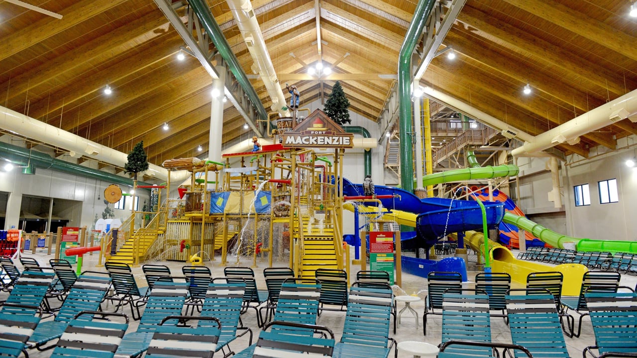 view of a variety of colorful water slides