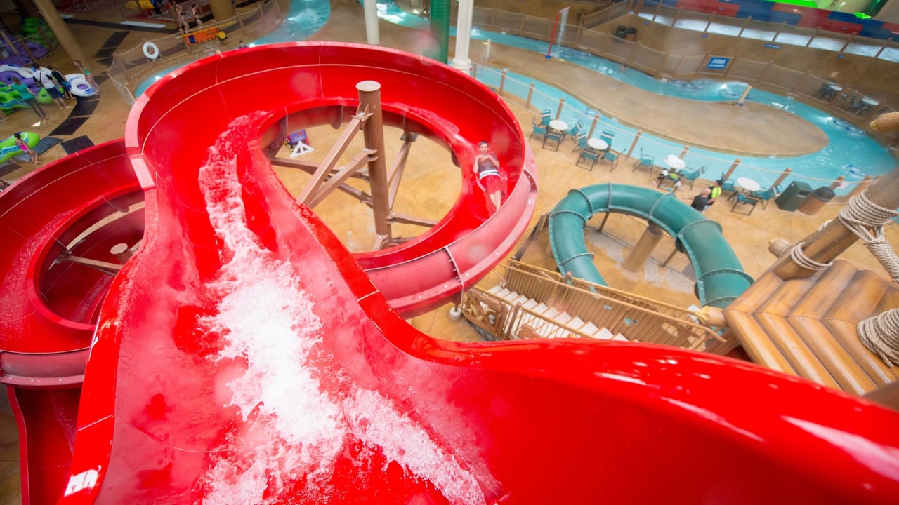 View from the top of a red water slide