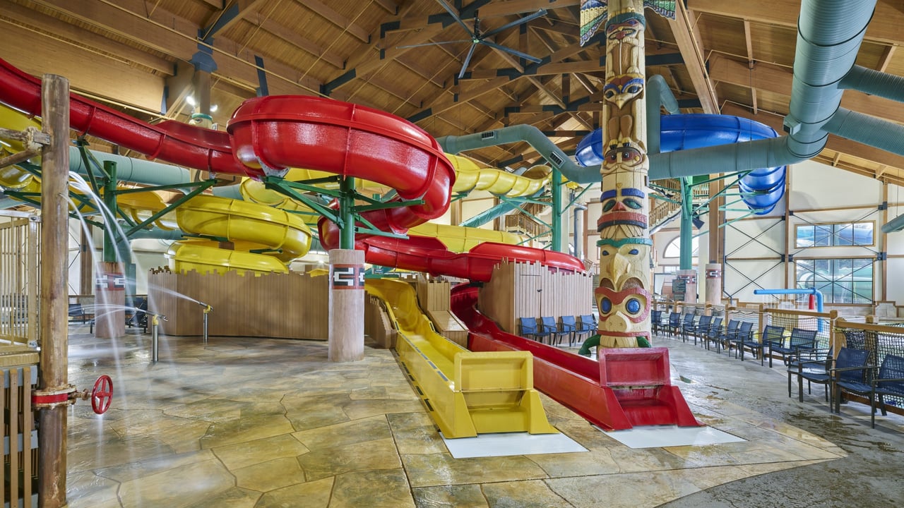 View of a yellow and a red water slides in Traverse City MI