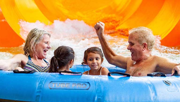 Grandparents and kids on a slide