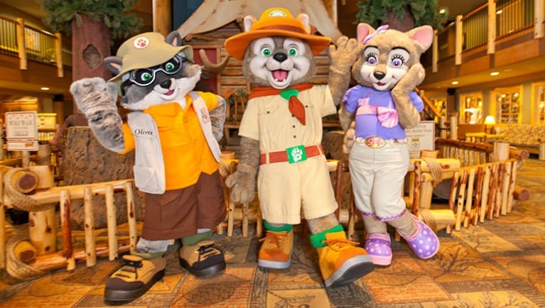 Characters smile at the camera at Great Wolf Lodge indoor water park and resort..