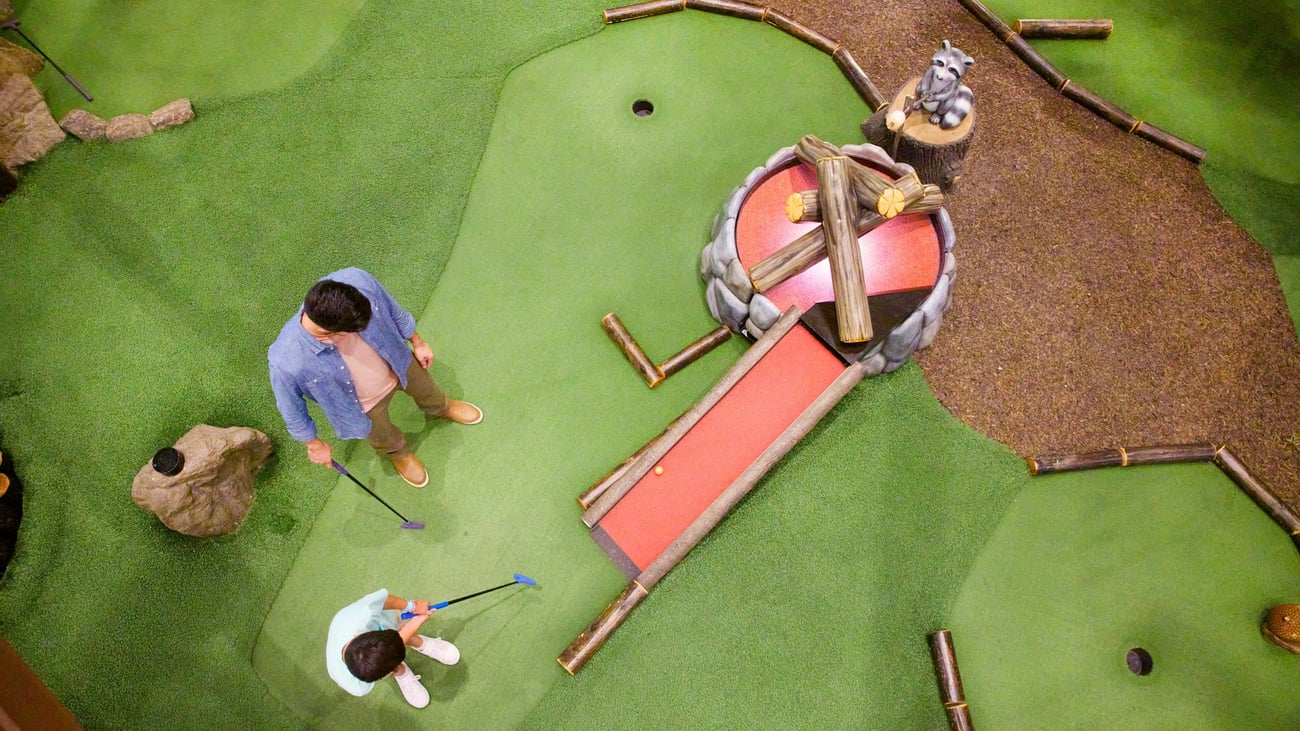 Overhead shot of a family playing mini golf
