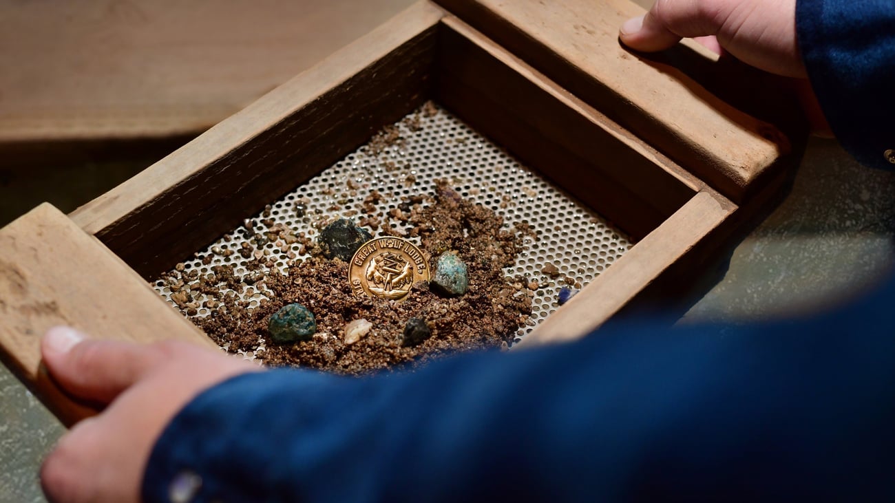 Hands holding sifter with gold coin, gems