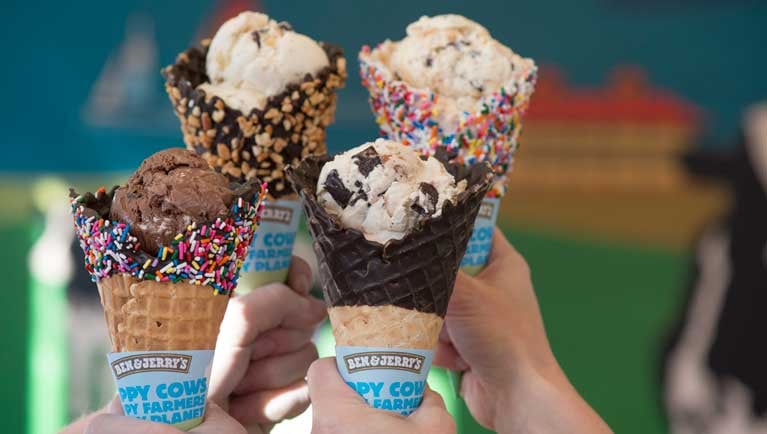 A waffle cone of Ben & Jerry's ice cream
