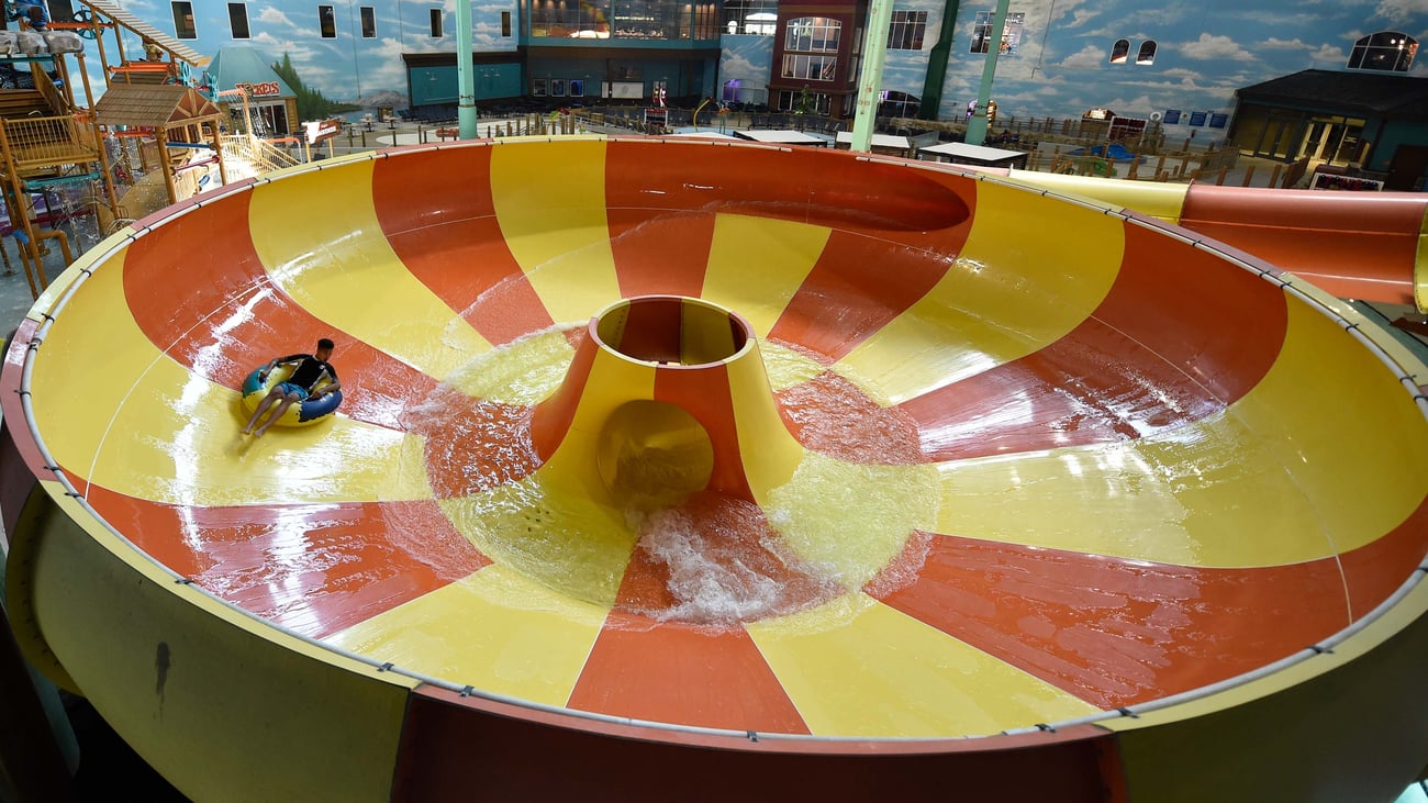 An aerial view of the open waterslide and surrounding park 