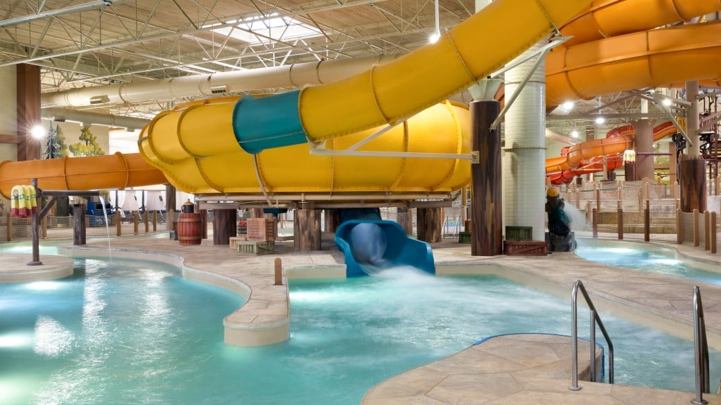 An aerial view of the open waterslide and surrounding park 