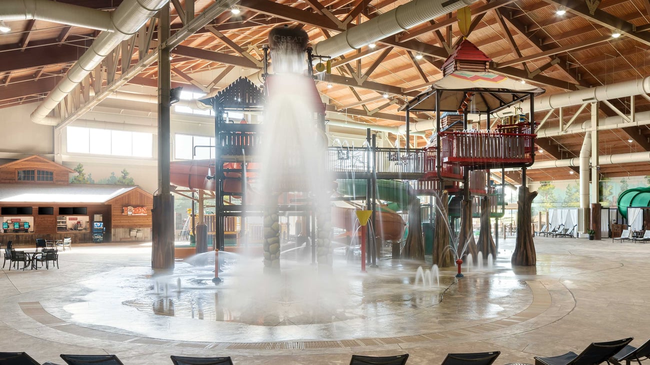 A wide shot of the water treehouse