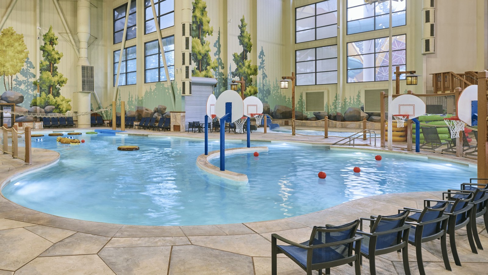 basketball hoops in indoor pool