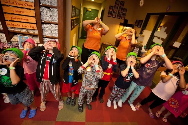 A group of kids are lead by Great Wolf Lodge employees in a wolf howl at Great Wolf Lodge indoor water park and resort.