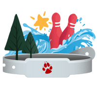 icon with paw logo, showing trees, a star and bowling pins with a wave behind 