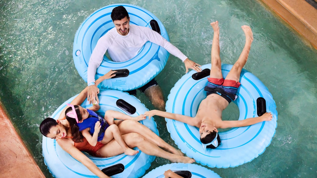 Family enjoying lazy river at Great Wolf Lodge