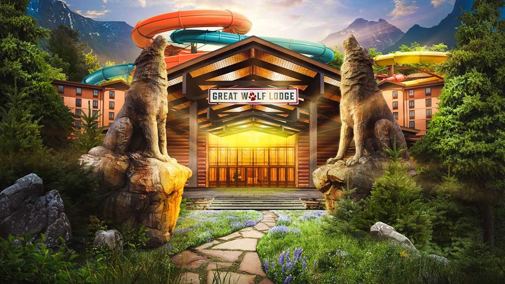 Illustration of the main entrance of a Great Wolf Lodge