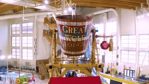 Family of four enjoying the indoor water park at Great Wolf