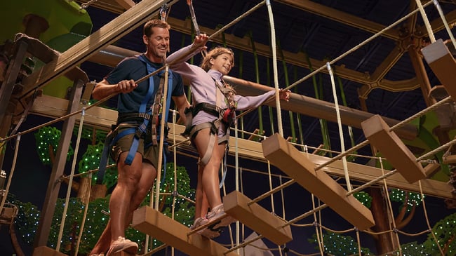 A man and a girl in harnesses smile as they cross a wooden rope bridge on an indoor ropes course.