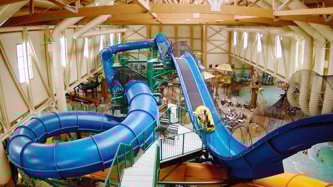 Wide view of the Niagara Rapids Run's multiple tube slides