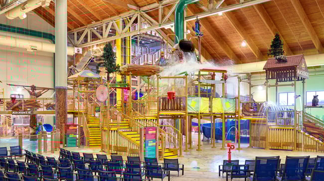 A wide shot of the water treehouse