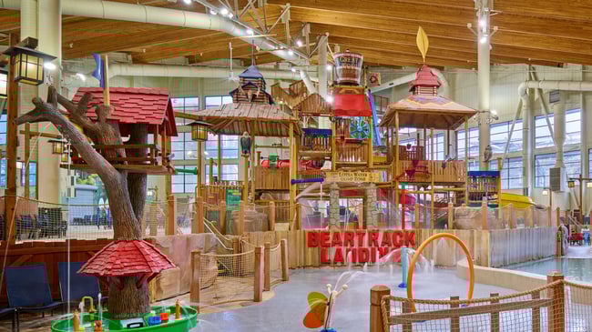 A wide shot of the water treehouse