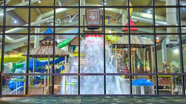 A wide shot of the water treehouse