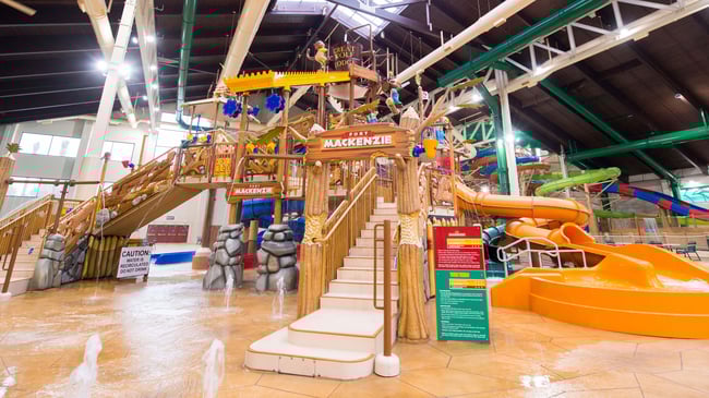 A wide shot of the water treehouse