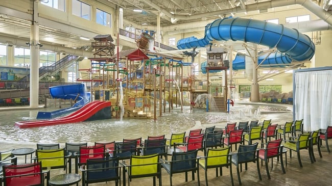 A wide shot of the water treehouse