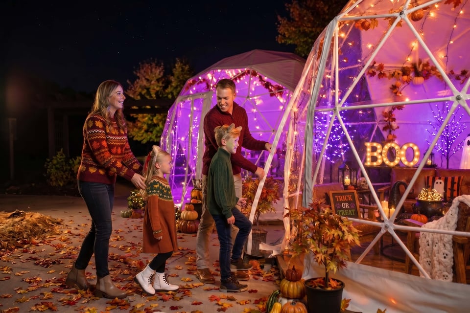 family enters a halloween themed globe looking happy and smiling