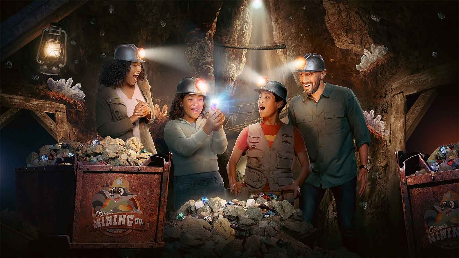 Family finding moonstones in gem panning attraction