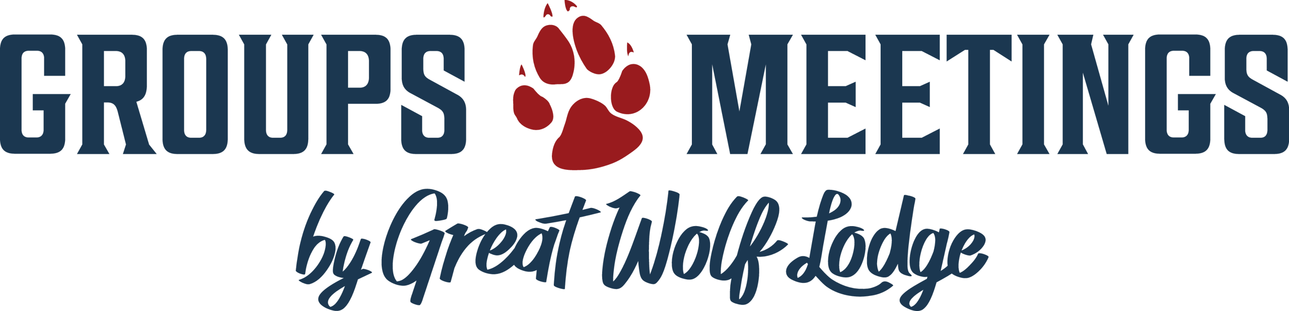 blue text reading groups meetings by great wolf lodge with red paw in middle