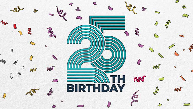 illustration of 25th birthday on white background with confetti
