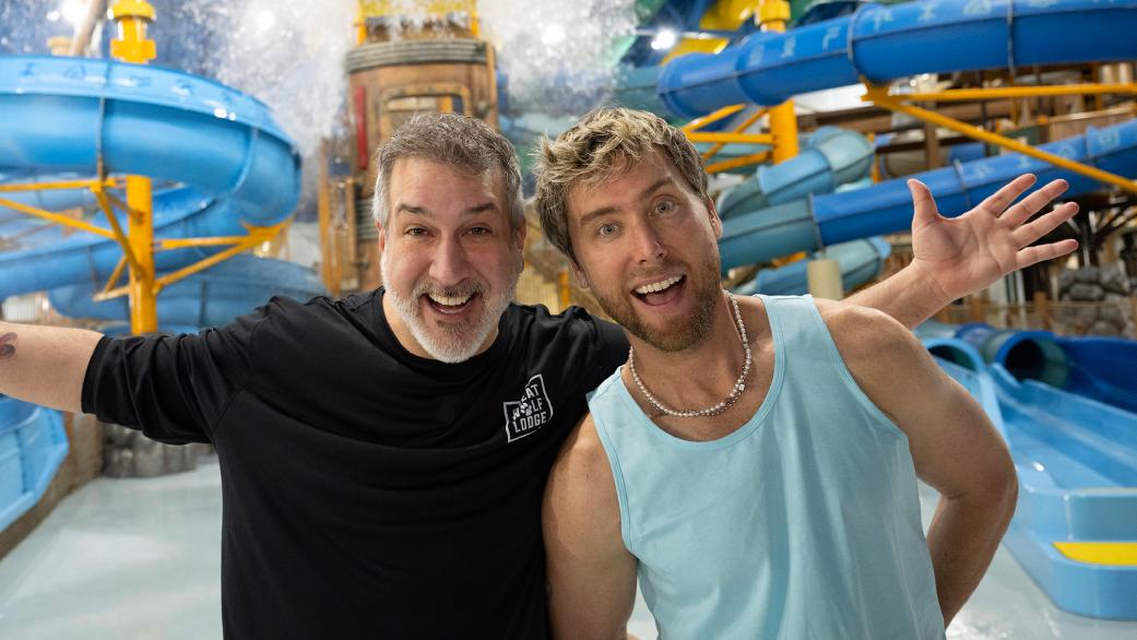 Joey Jatone and Lance Bass at Great Wolf Lodge indoor water park