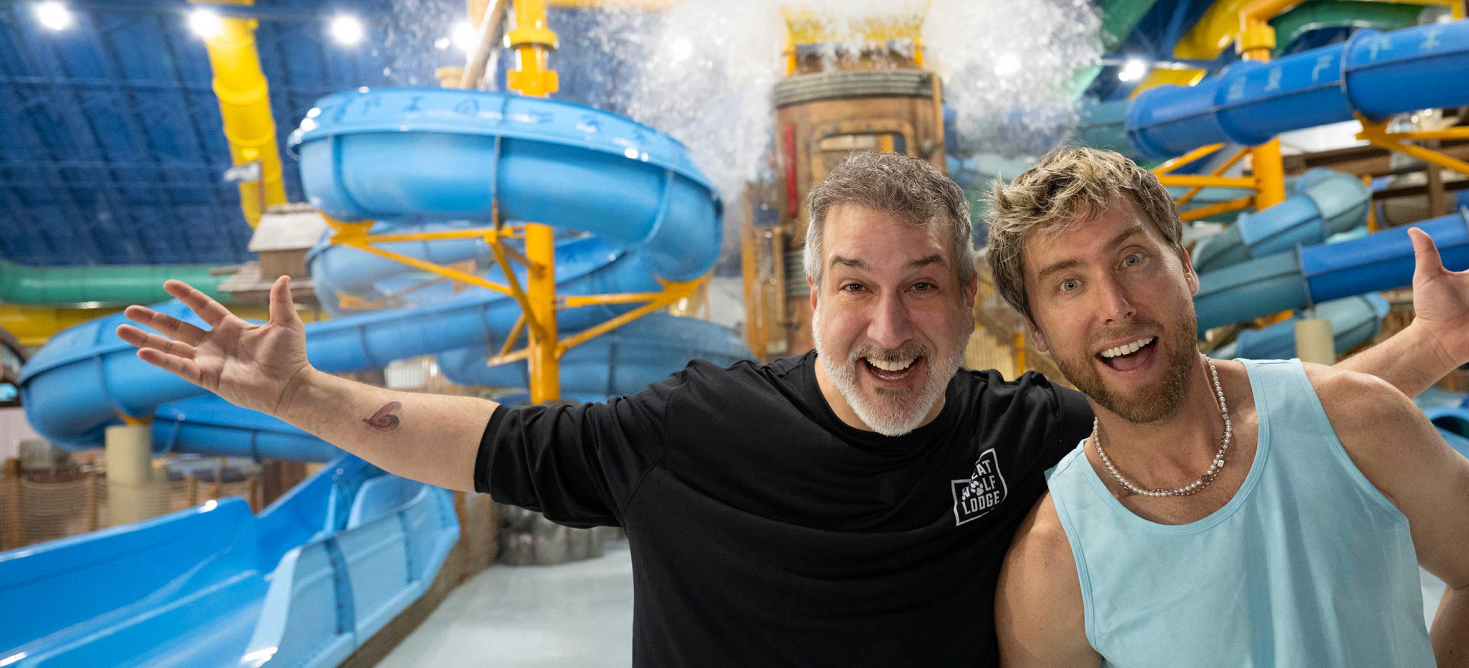 Joey Fatone and Lance Bass at Great Wolf Lodge indoor water park