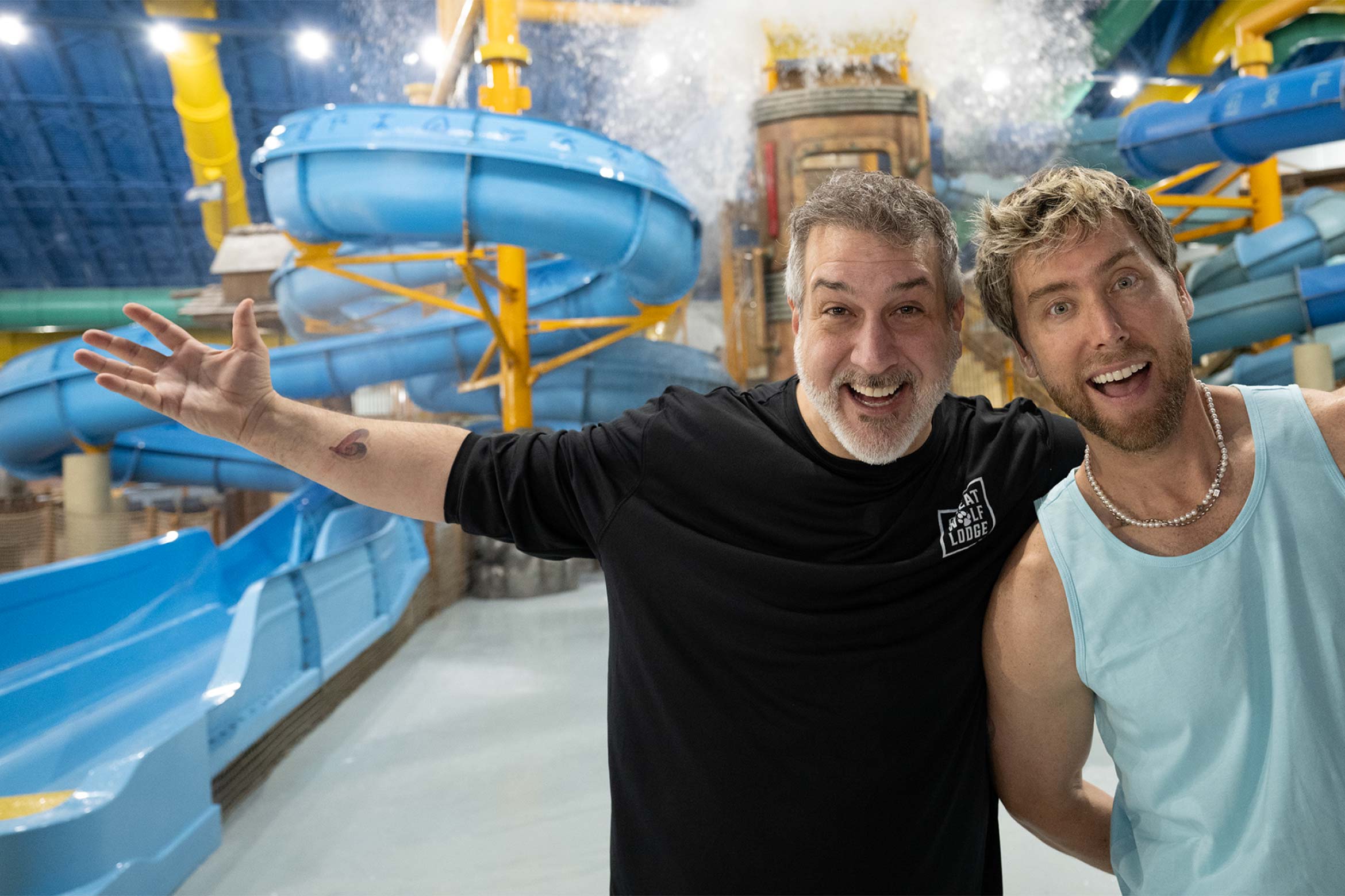 Joey Jatone and Lance Bass at Great Wolf Lodge indoor water park