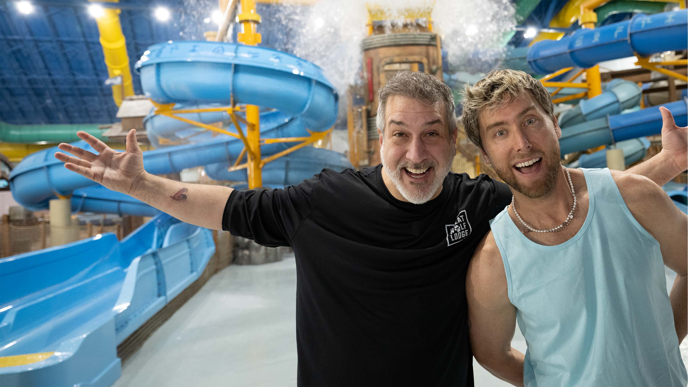 Joey Jatone and Lance Bass at Great Wolf Lodge indoor water park