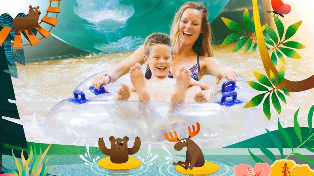 Mother and son go down the lazy river on a float 