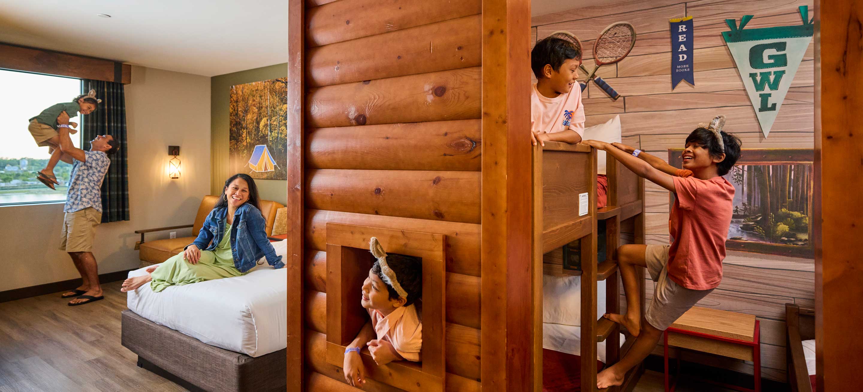 family of 6 enjoying in a themed suite.