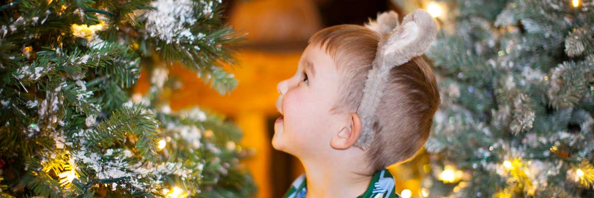 Boy looking at a Christmas tree