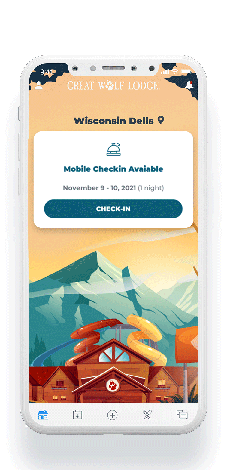 A mobile phone displaying mobile check-in capability of the Great Wolf Lodge mobile app.