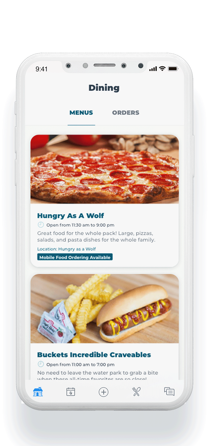 A mobile phone displaying dining options of pizza, hot dog and fries