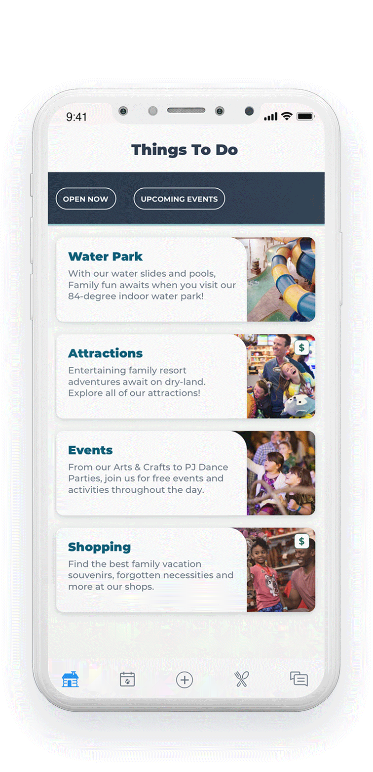 A mobile phone displaying event information on the Great Wolf Lodge mobile app.