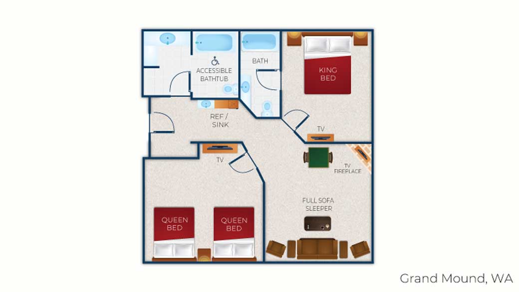 The floor plan for the accessible bathtub Grizzly Bear Queen Suite