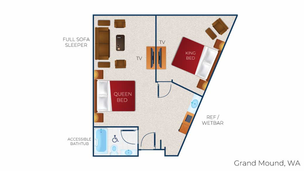 The floor plan for the accessible bathtub Royal Bear Suite