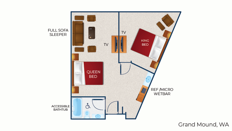 The floor plan for the accessible bathtub Royal Bear Suite
