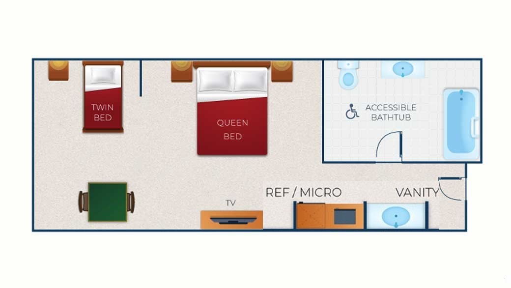 The floor plan for the Queen Daybed Suite (Accessible Bathtub)