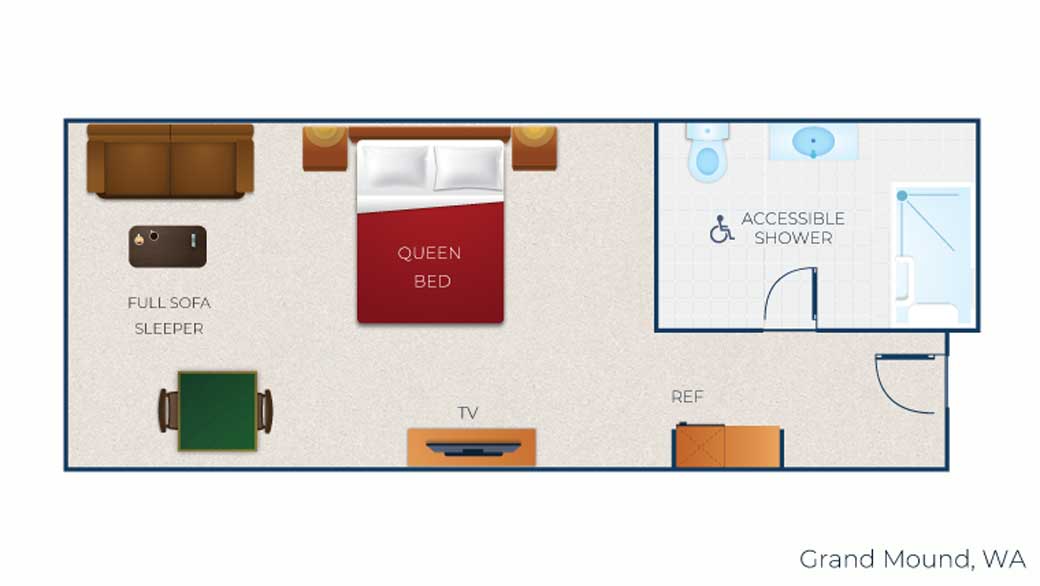 The floor plan for the Queen Sofa Suite (Accessible Shower)