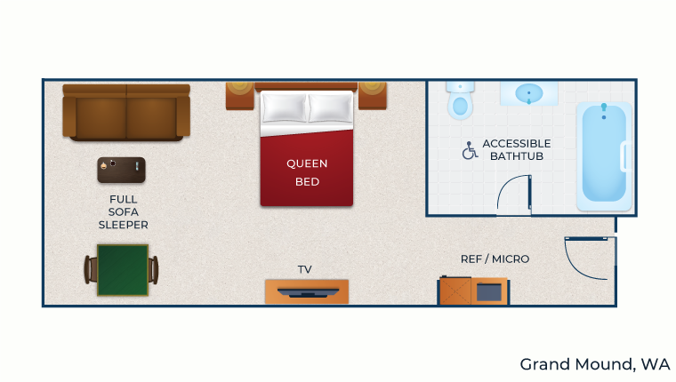 The floor plan for the accessible bathtub Queen Sofa Suite