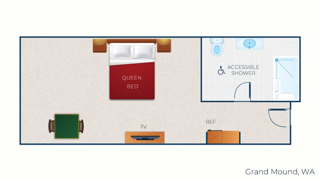 The floorplan for the Accessible Queen Suite at Great Wolf Lodge Grand Mound, WA.