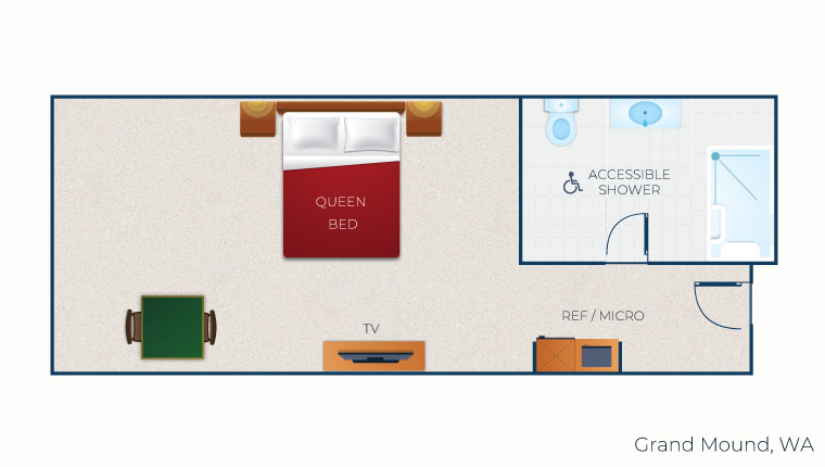 The floorplan for the Accessible Queen Suite at Great Wolf Lodge Grand Mound, WA.
