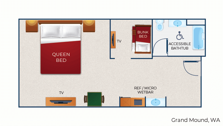 The floor plan for the accessible bathtub KidKamp Suite