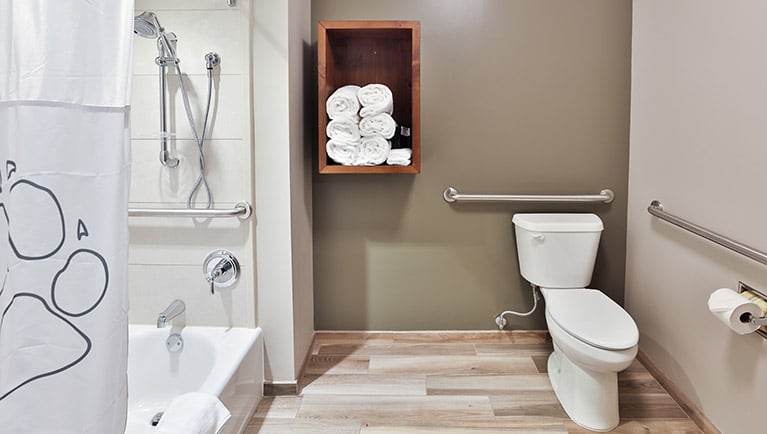 The accessible bathroom in the Deluxe Family Suite