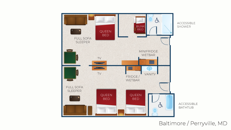 The floorplan for the accessible Deluxe Junior KidCabin Suite 