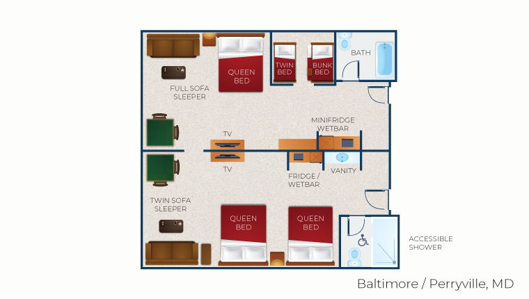 The floorplan of the Deluxe KidCabin Queen Suite